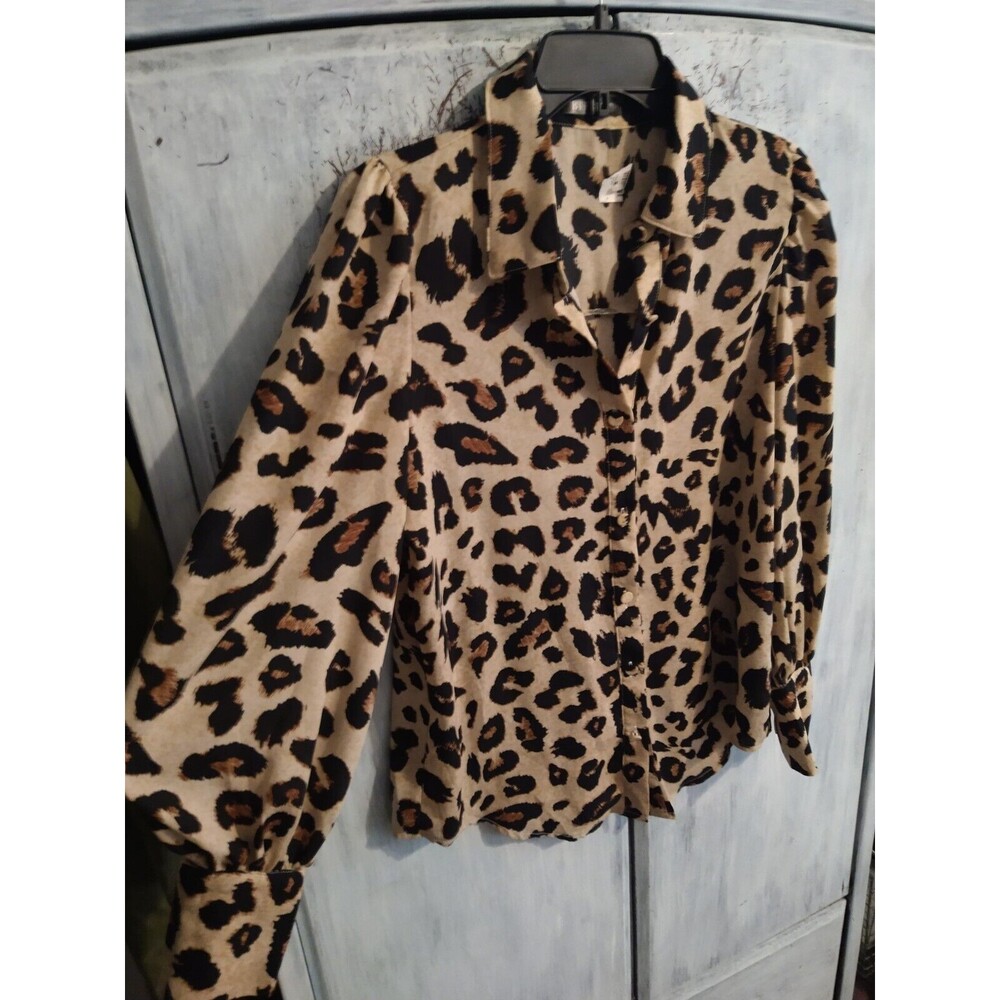 Btfbm Puff Sleeve Leopard Collared Button Up Top … - image 3